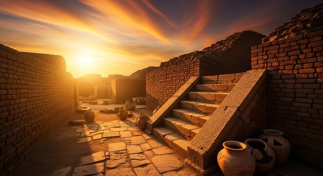 Dramatic sunset view over the ancient, historic ruins of Mohenjo-daro or similar site, featuring brick walls, stairs, and pottery. History and archaeology background.