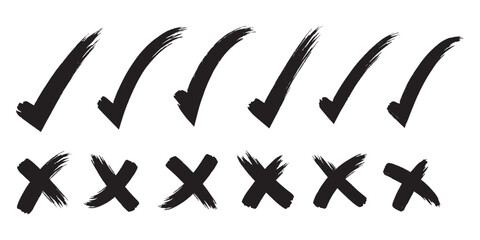 Brush, marker drawn check mark and cross icon set Collection of hand drawn drawn tick symbol, chalk checkmark illustration. Check mark grunge icon set. Hand drawn check tick mark icon set. x marks