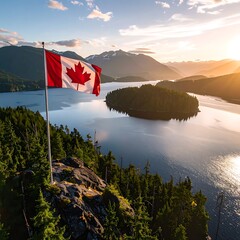 Canadian flag atop a rocky cliff overlooking a tranquil lake, island, and mountains under a golden sunset sky
