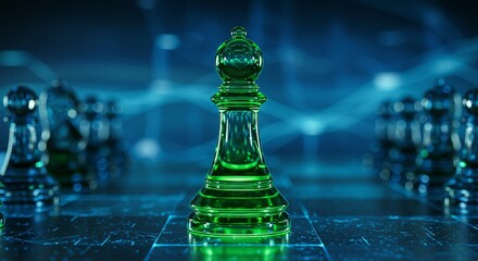A stunning green glass chess piece stands out against a futuristic chessboard in a game of strategy and intellect.