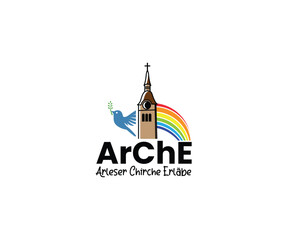 Obraz premium Arche Logo With Church Tower, Rainbow, Dove And German Script For Community And Faith Branding