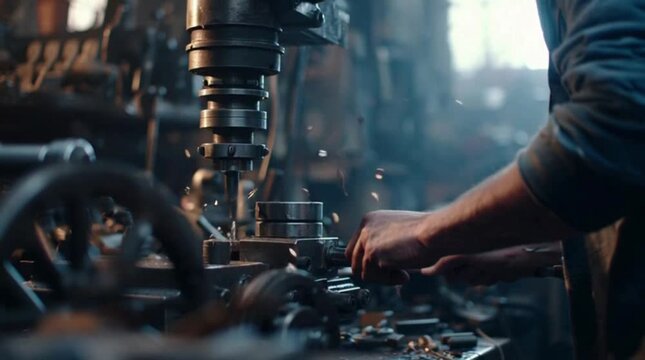 Skilled machinist carefully operating vintage heavy machinery for precise metalworking in a dimly lit factory setting