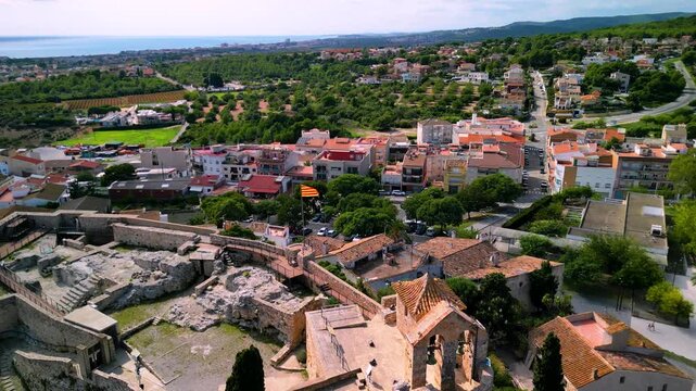Medieval castle in Calafell, Barcelona, ​​Spain - 4K aerial drone view , Castell de la Santa Creu de Calafell 
