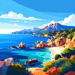 Bright, flat art landscape of blue water meeting the coastline with mountains and shrubs under a bright sky