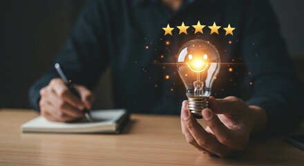 Creative ideas and innovations are conceptualized and noted as a lightbulb shines with a five-star rating overhead.