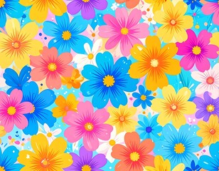 Bright floral background. Many colorful flowers in a cheerful, painterly style. A seamless, happy, & spring-like design