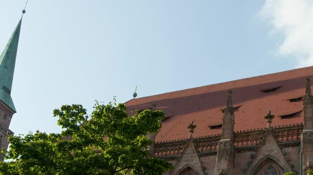 Panning Upward Past Trees to Gothic Cathedral Spires