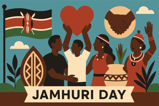 Wide Jamhuri Day Scene Illustration Featuring Kenyan Flag Cultural Symbols National Unity And Celebration Minimal Layout
