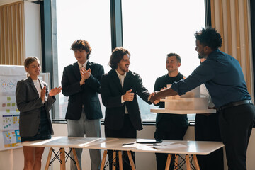 Business team showing unity success with hands together in office, teamwork collaboration and power motivation, diverse colleagues celebrating achievement corporate goal partnership