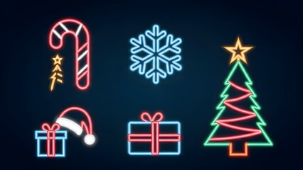 Vibrant neon glow Christmas icons set, illuminating the festive season with a modern holiday spirit. Collection of glowing symbols for winter celebrations and seasonal design projects