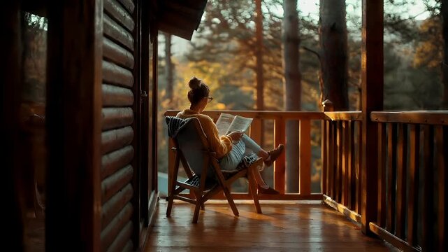 woman reading on wooden deck with forest view during golden hourwoman on wooden balcony with forest backdrop during sunsetwoman reading book on deck during golden autumnal seasonwoman relaxing on wo.