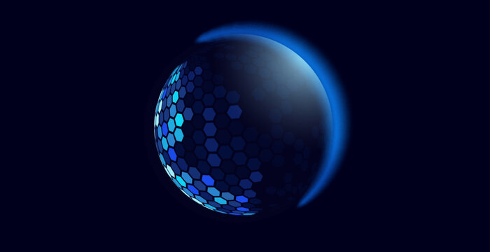 Glass transparent protection sphere shield. Sphere shield with hexagon pattern on blue background. Bubble shield in the form of a force energy field. Protection and safety concept.