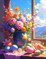 Bright flower bouquet in ornate vase with Easter eggs atop a lavender tablecloth, view of mountains through the window