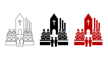 Set of three icons representing a church service, congregation, and religious gathering