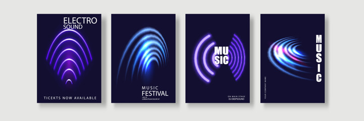 Music poster design background vector set. Electro Sound Cover template with vibrant abstract gradient geometric shape and line wave. Ideal design for social media, flyer, party, music festival
