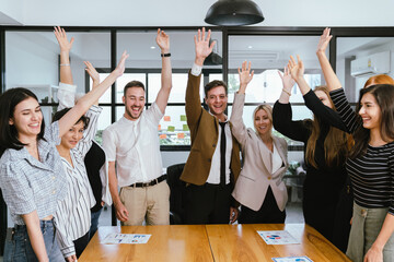Business team showing unity success with hands together in office, teamwork collaboration and power...