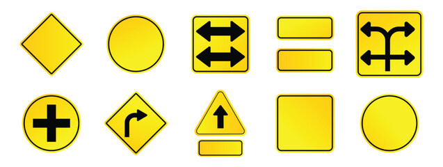 Set of yellow road signs with arrow. Blank street traffic symbols, stopping boards. Signaling plates vector set. Signal road for control traffic collection illustration.