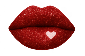 Red glitter lips with white heart transparent background