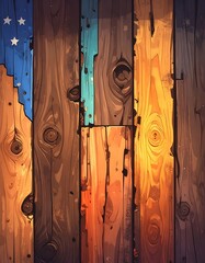 Cartoon wood planks show vibrant colors including blue and orange, creating an eye-catching, abstract vertical texture