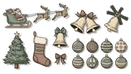 A festive collection of Christmas icons including a Santa sleigh, reindeer, bells, bows, stockings, and ornaments for holiday decoration