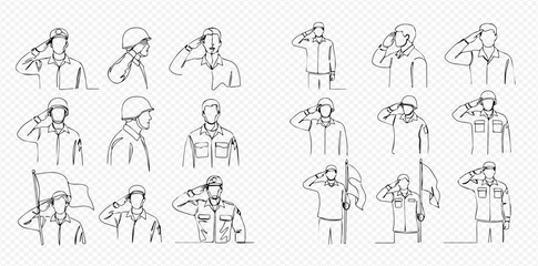 Continuous line drawing of soldiers saluting, military personnel in various poses with helmets and flags.