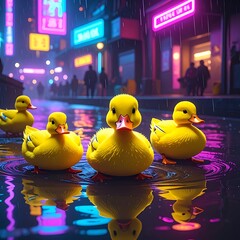 Bright, fluffy ducklings float in a puddle on a rainy city street, reflected in the neon-lit water