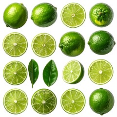 Bright, fresh lime arrangement with whole, half, and sliced fruits and green leaves on a white background
