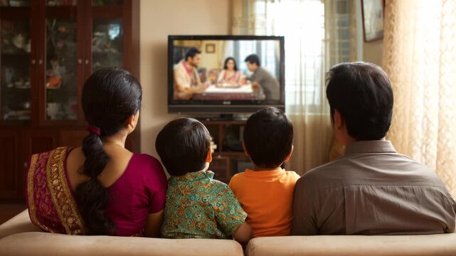 Indian family watching TV together on sofa