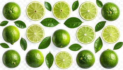 Bright, fresh, green limes and leaves arranged artfully against a transparent background