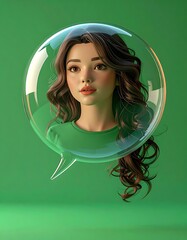 Cartoonish 3D woman in a clear speech bubble on a green backdrop