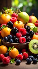 Bright fruits overflow from a bowl onto a wooden table, lush greenery blurred in the background, close-up shot