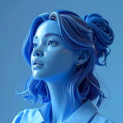 Blue monochromatic rendering of a young woman with an updo, blouse, and fair complexion