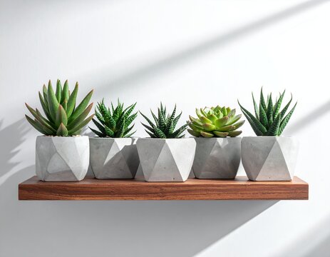 Five potted succulents on a wooden shelf with natural light and shadows.