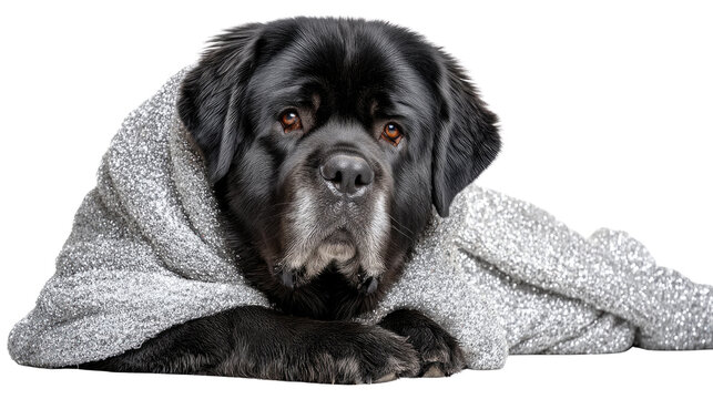 Black dog wrapped in a cozy blanket showcasing warmth and comfort in a relaxed indoor setting