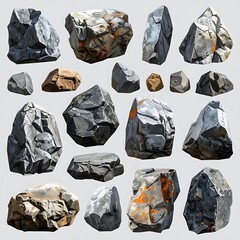 Cartoonish assorted rocks of varying shapes, colors, and textures. Some rocks have orange spots