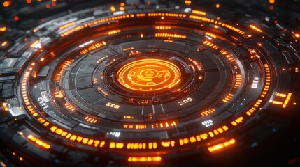 Circular, glowing, futuristic tech interface