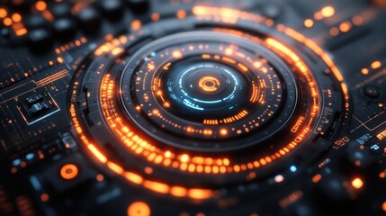 Circular, glowing tech interface on circuit board