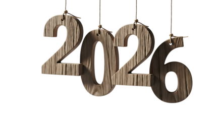 Wooden numbers 2026 hanging from strings isolated on transparent background