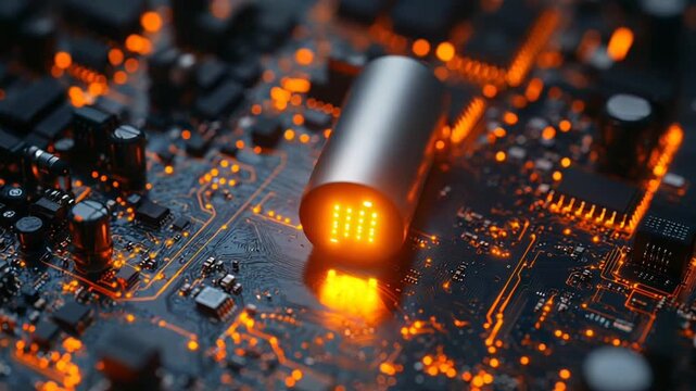 Close-up of a glowing circuit board showcasing intricate electronic components