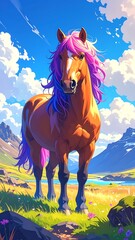 Cartoonish brown horse with pink/purple mane stands in field with a sunny sky, mountains in the background