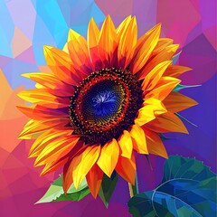 Bright geometrical sunflower with orange petals, black center, green leaf, and colorful polygonal background