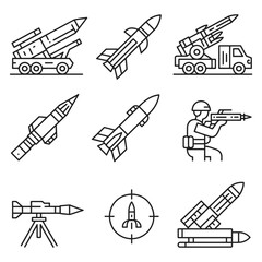 Rocket and Missile Launcher Icons Set, a professional vector series showcasing military rocket launchers, guided missiles, and weapon outline illustrations