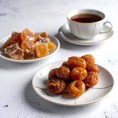 Candied fruits and brown sugar cubes alongside a cup of tea presented on white plates, on a mottled white surface