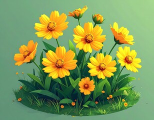 Bright golden Coreopsis flowers bloom vibrantly against a soft green background, showcasing natural beauty