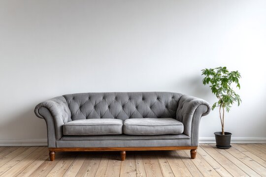 Elegant grey Chesterfield sofa with tufted back in a minimalist room.