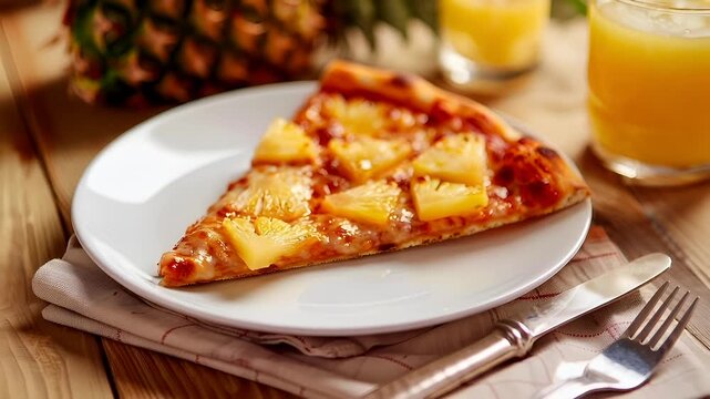 A closeup of a slice of pineapple pizza on a white plate. The pizza has a goldenbrown crust with visible chunks of pineapple. The pineapple slices are arranged in a circular pattern on the crust.