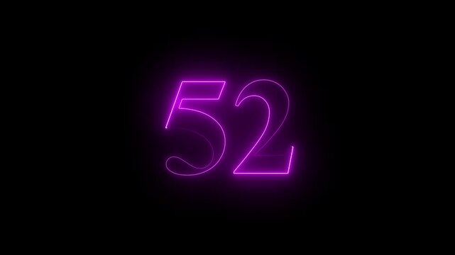 Neon text 52 number countdown icon violet color and black background . Neon number 52 with alpha channel, neon numbers, Bright neon glowing number 52 , Energy Neon Number 52 Animation. 4k video..