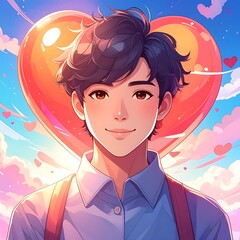 Cartoonish, cheerful young man with dark hair, smiling, against a pastel heart & sky backdrop