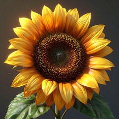 Bright golden sunflower radiates against a gray backdrop with green leaves. Close up view