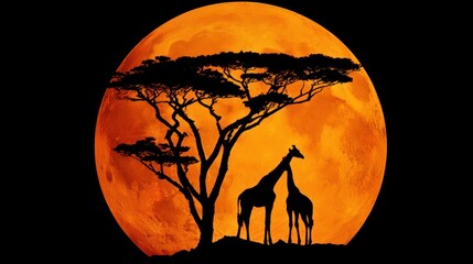 Silhouetted giraffes and tree against a vibrant orange full moon background